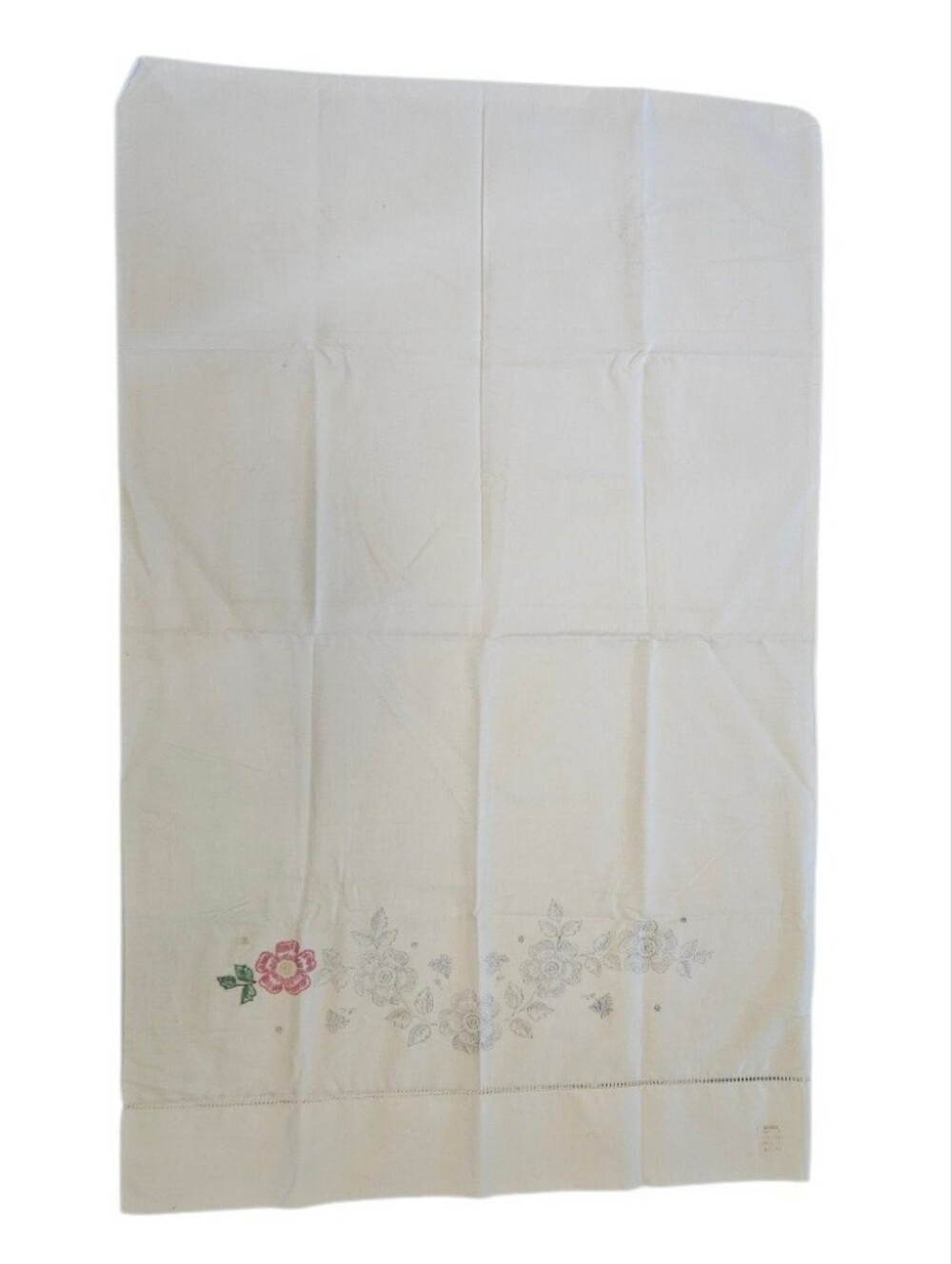 Vintage White Penny's Floral Hand Embroidered Pillow Case Unfinished